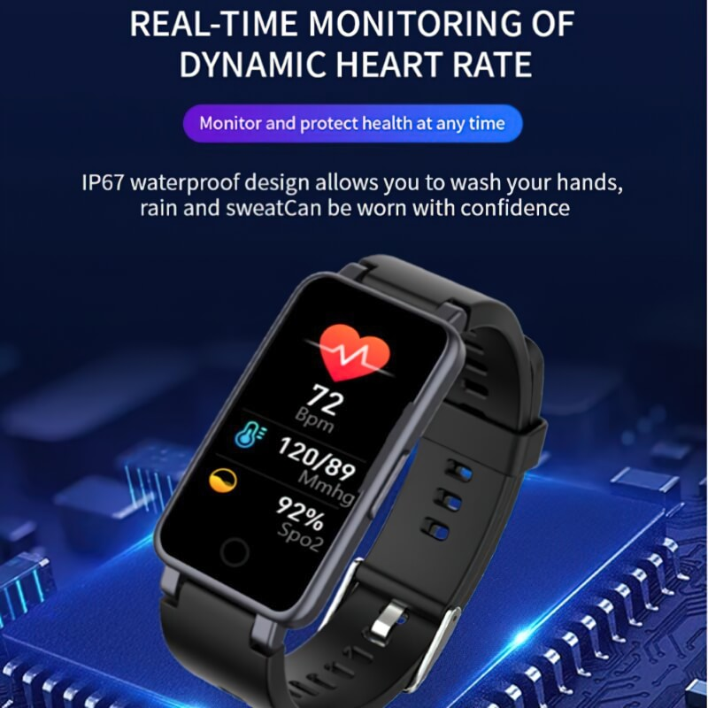 Waterproof fitness tracking bracelet displaying heart rate and health stats, ideal for Android/IOS with Bluetooth technology.